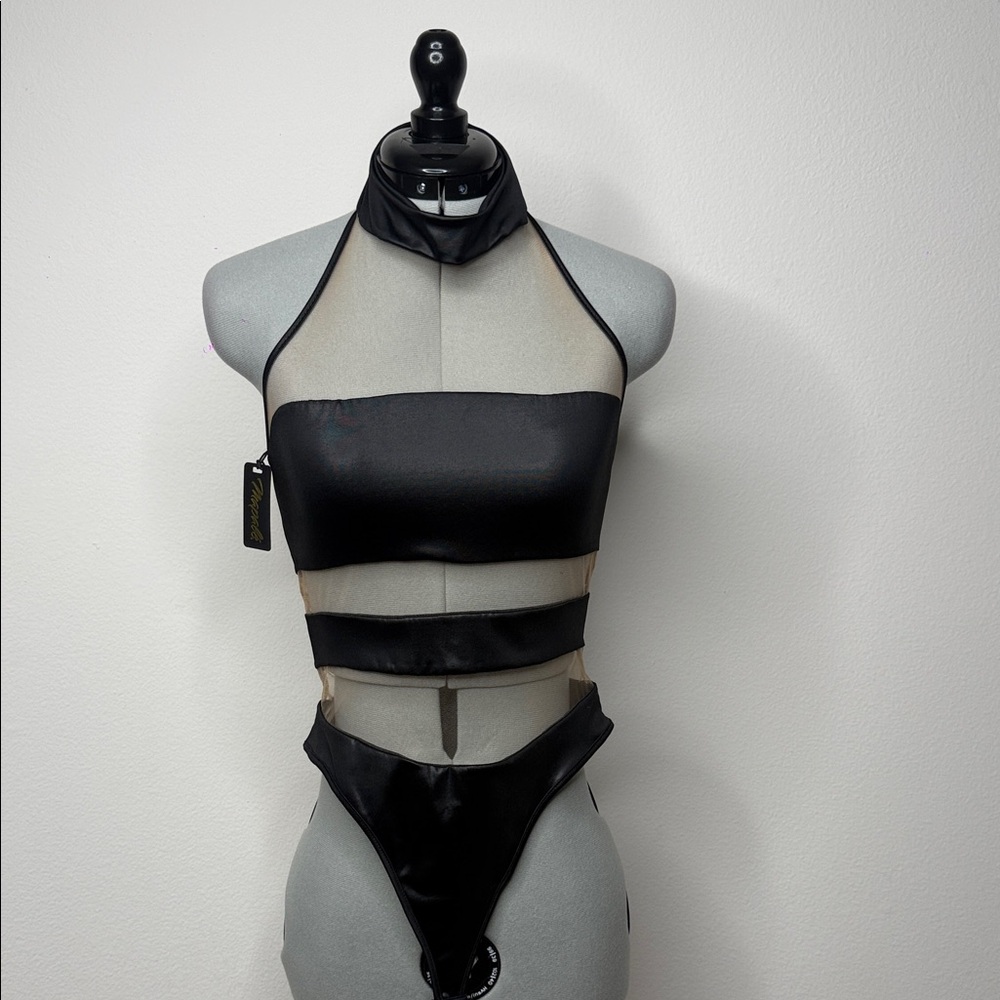 Hustler Hollywood NWT Black Wet Look Vinyl Mesh Bodysuit M
